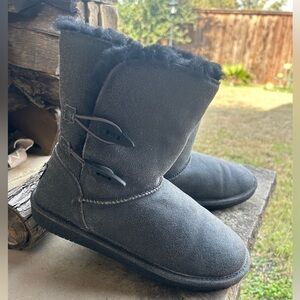 BearPaw Abigail Black Charcoal Crackle Suede Boots Sheepskin /wool Lining Sz-9.G